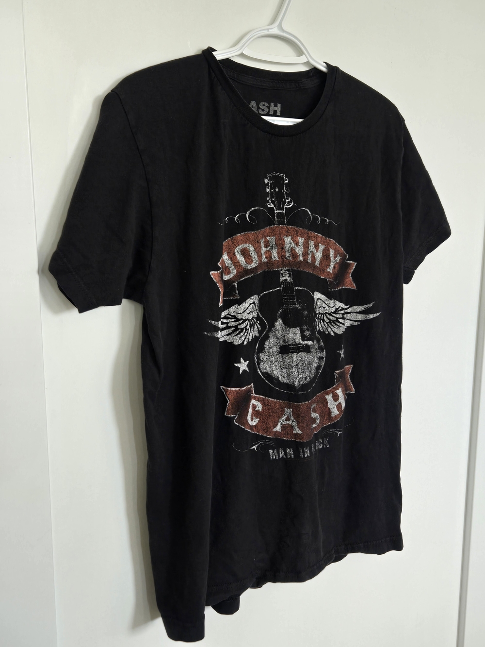 LG Black Johnny Cash Graphic Tee with Red Banner Accents
